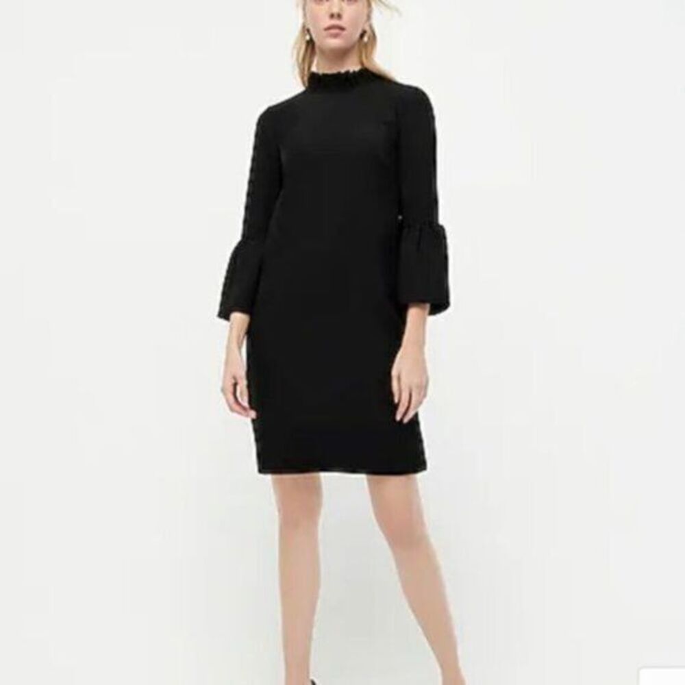 J. Crew Black Ruffle Neck 3/4 Sleeve Shift Dress in 365 Crepe Size 2